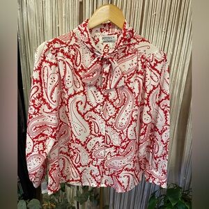 vintage Judy Bond petite red & white paisley print lavallière blouse size 14.